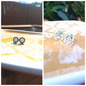 Turquoise Horn Stud & White Center Simple Round Stud Earrings Bundle